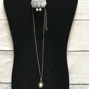 Silver and White Floral Necklace and Earring Set